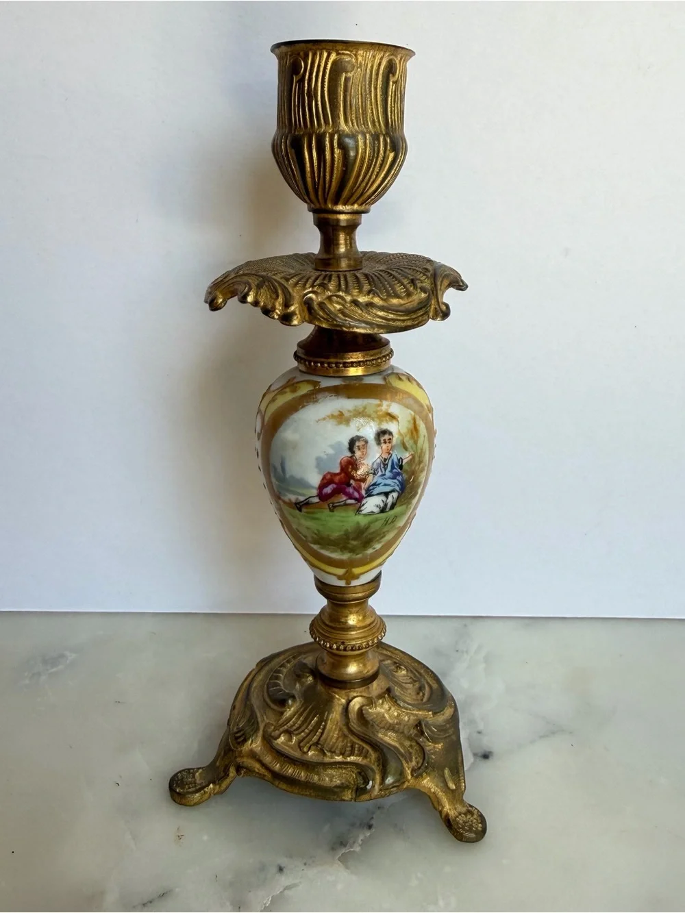 Elegant Victorian Revival Brass Candlestick with HandPainted Porcelain Medallion